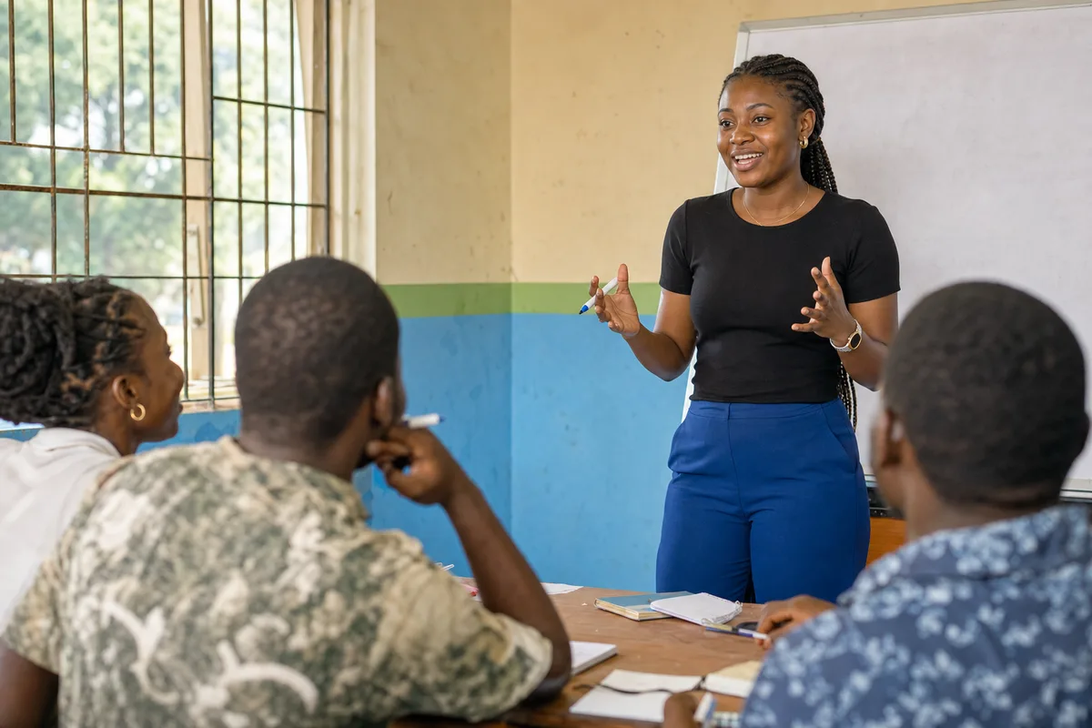 A facilitator leading a community learning session